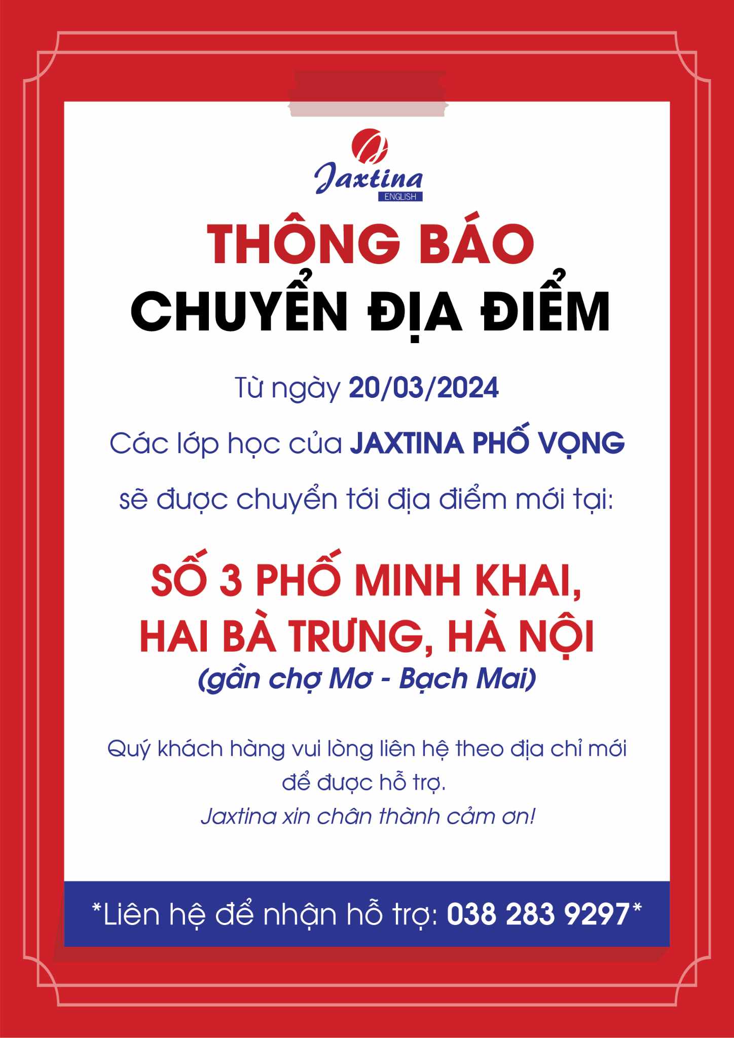 [Hà Nội] Thông báo chuyển địa điểm